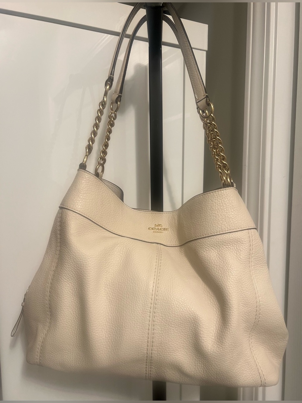 Coach Cream Pebbled Leather Shoulder Bag with Gold Chain